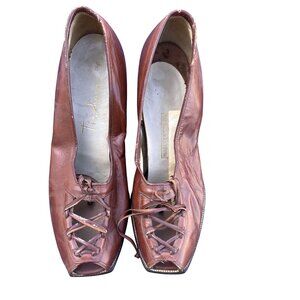 Vintage Mabel & Crew Brown Leather Lace-Up Peep Toe Heels Size 8